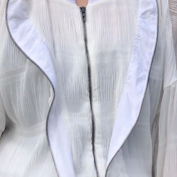 🤍 SUPERFINE Sheer White Ruffled Bomber Jacket - Picture 7 of 14